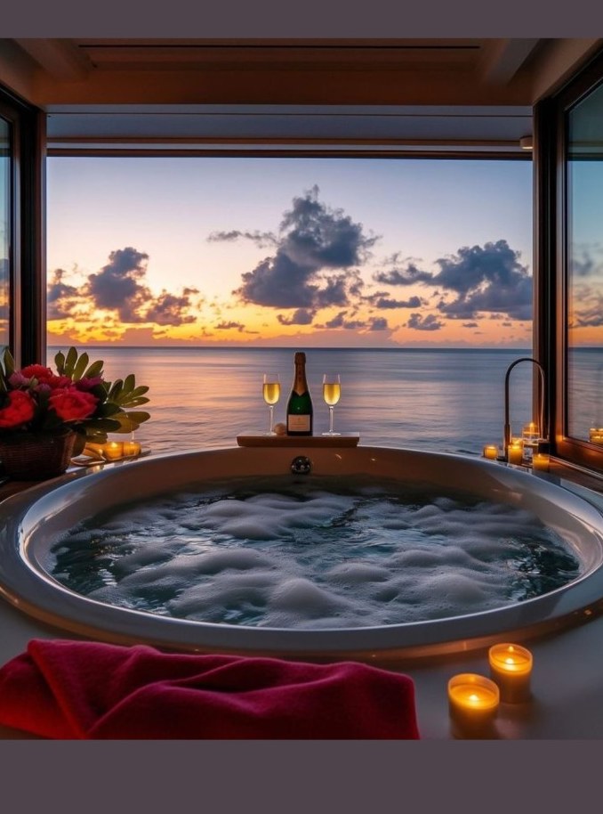 Jacuzzi ao pôr do sol com vista para o mar
